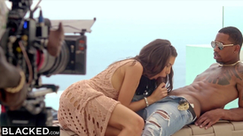 Dark haired model endures violent DP on the set