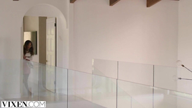 Wonderful mulatto girl with sexy glasses is doing blowjob to big dick and getting fucked hard