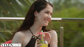 Adorable brunette teen invites friend and her husband and enjoys threesome ffm fuck